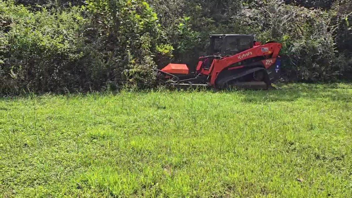Kubota SVL 97-2 track loader brush hogging thick brush at a field edge