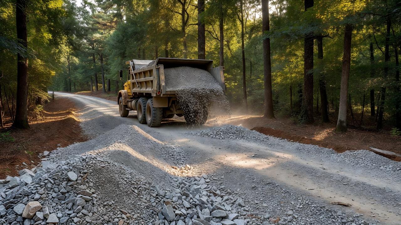 Dump truck backing up and spreading gravel on a wooded dirt driveway