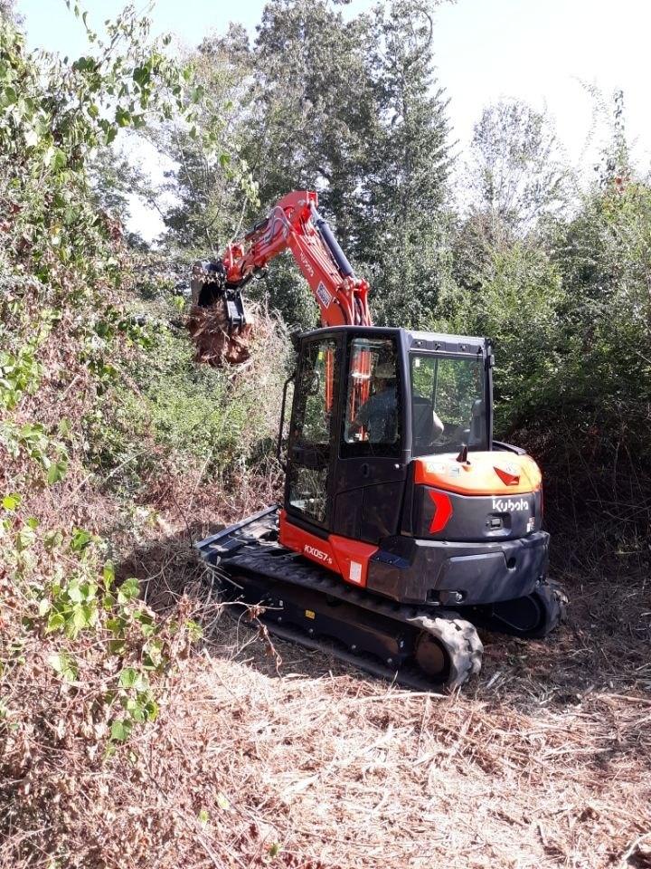Kubota KX057-5 excavator with a thumb working in thick brush