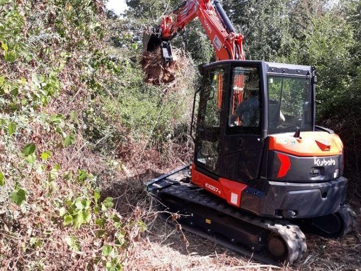 Orange and black Kubota KX057 excavator with a grapple clearing thick brush and vines on a wooded slope